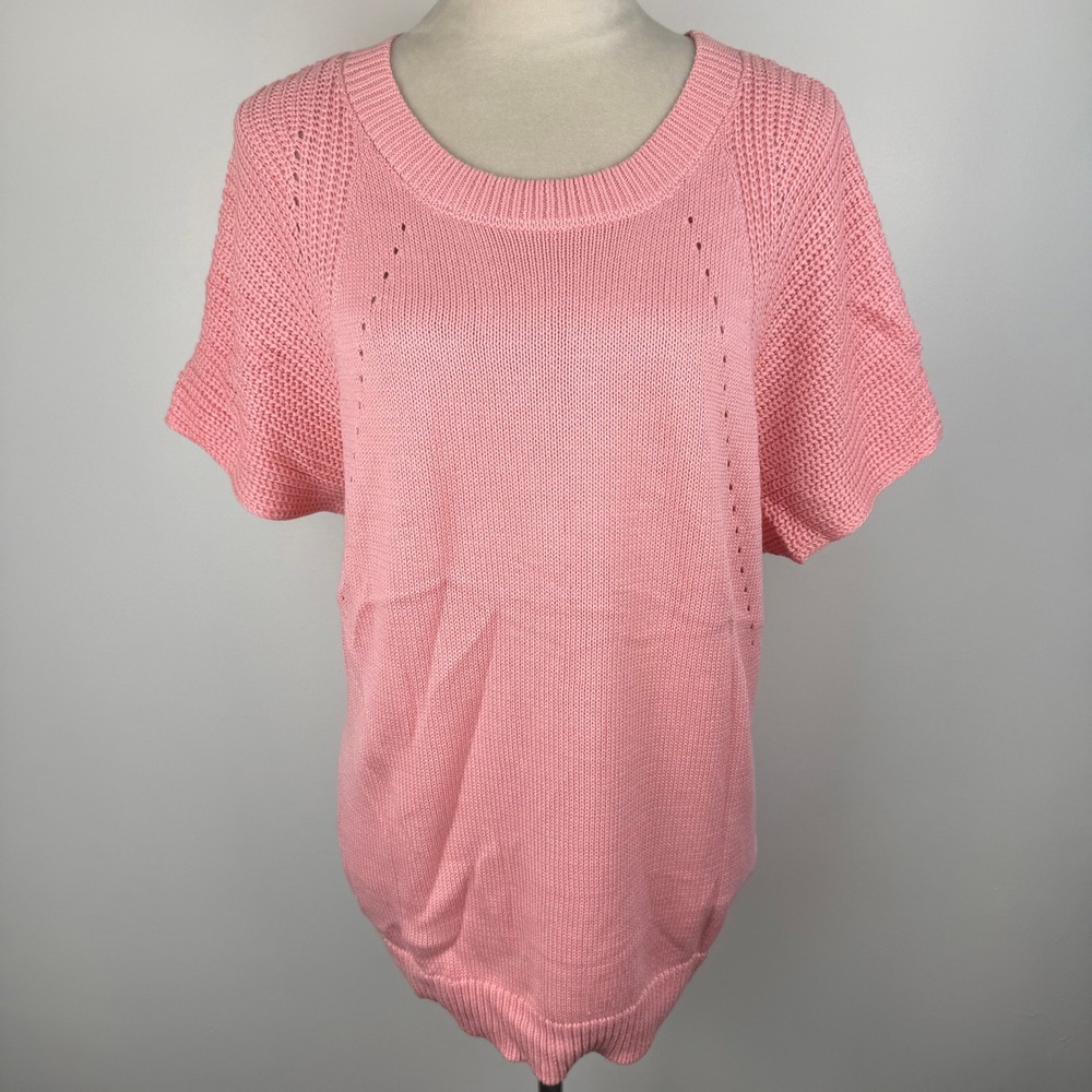 NWT Dokotoo Pink Short Sleeve Pointelle Knit Sweater Crew Neck Top Size Large